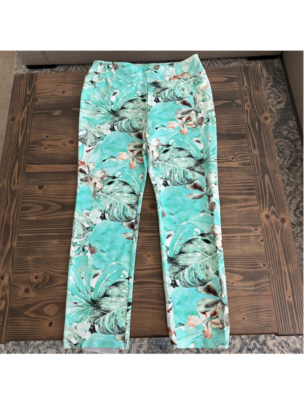Soft Surroundings Floral Leggings Womens L Teal Tropical Pull On Pants